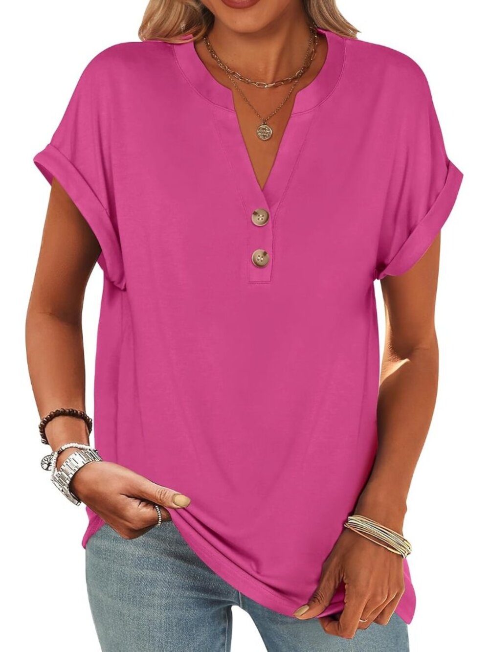 Women's Hot Pink Summer Short Sleeve Henley V Neck Dressy Fashion Top Blouses